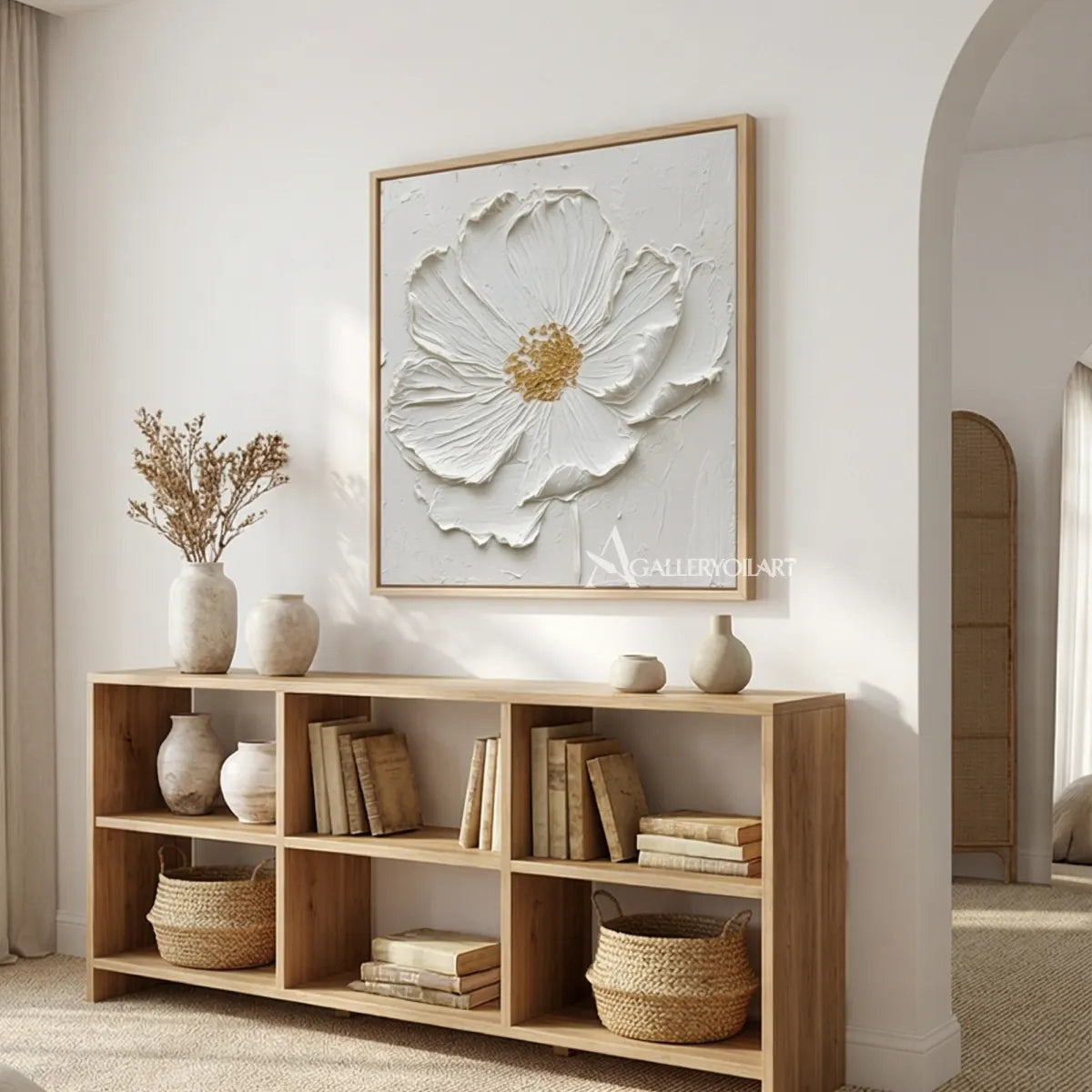 Sculpted-white-flower-floral-tree-relief-wall-art-above-a-wood-shelf