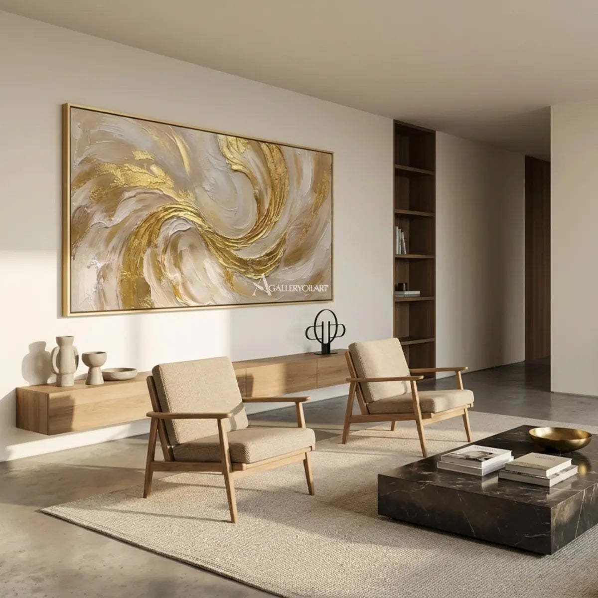 Textured-3D-sculpted-swirl-in-gold-and-cream-wall-art-in-a-minimalist-architectural-interior