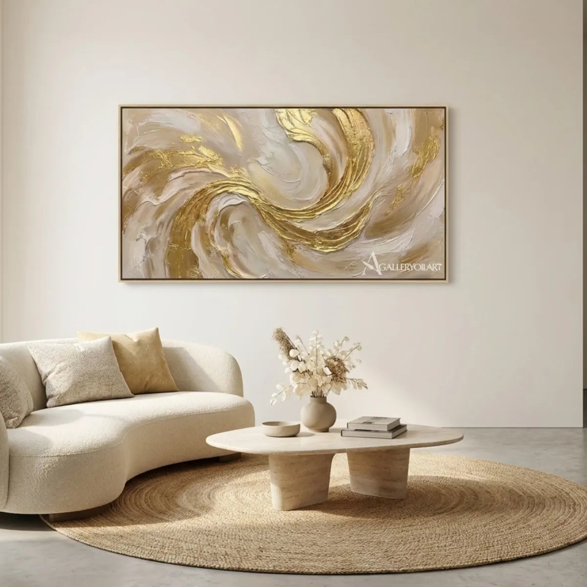 Textured-3D-sculpted-swirl-in-gold-and-cream-wall-art-in-a-minimalist-gallery-space