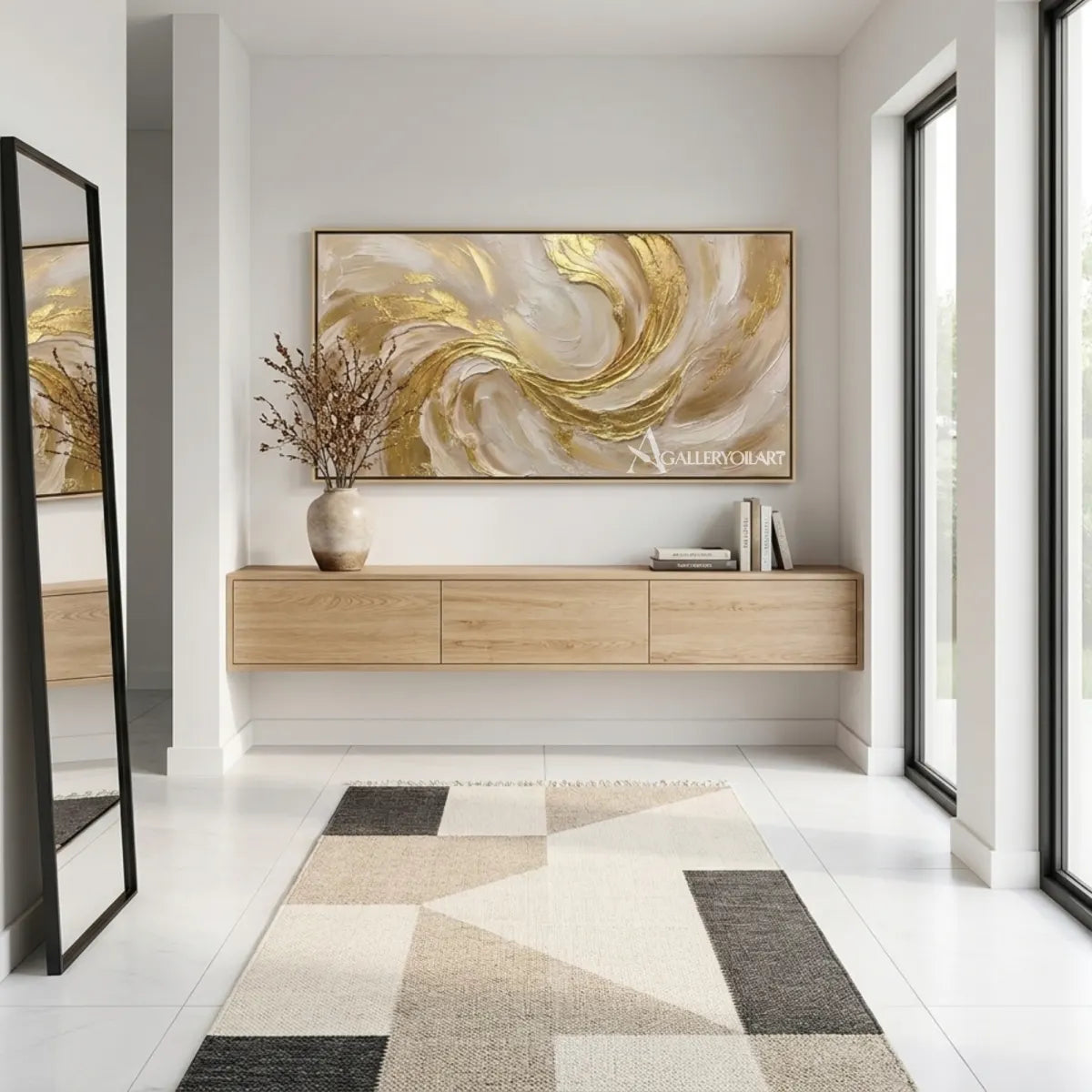 Textured-3D-sculpted-swirl-in-gold-and-cream-wall-art-in-a-modern-entryway