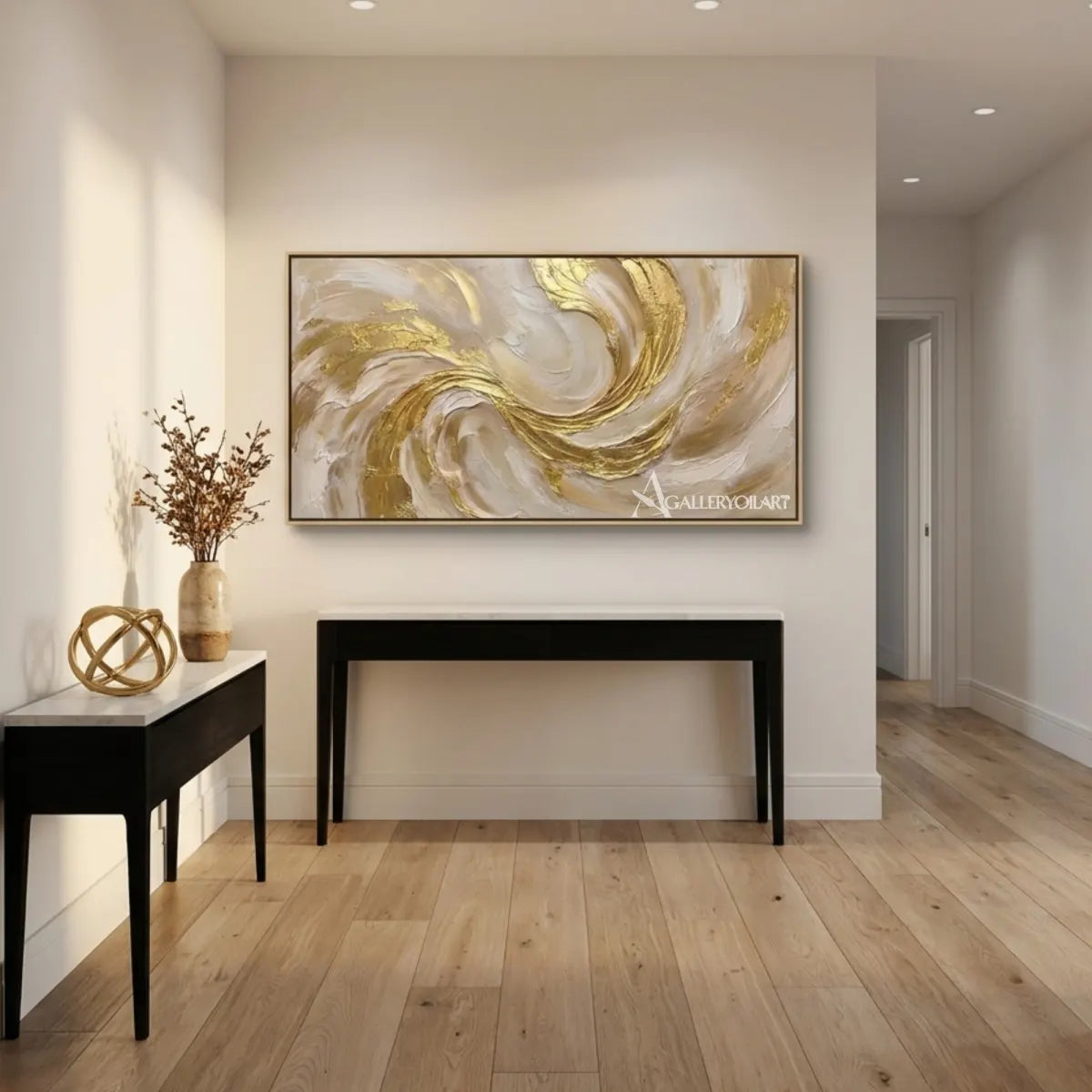 Textured-3D-sculpted-swirl-in-gold-and-cream-wall-art-in-a-modern-transitional-hallway