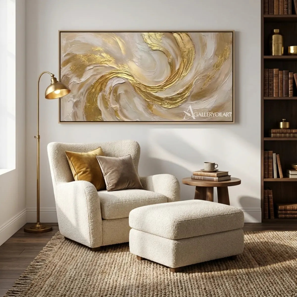 Textured-3D-sculpted-swirl-in-gold-and-cream-wall-art-in-a-private-lounge