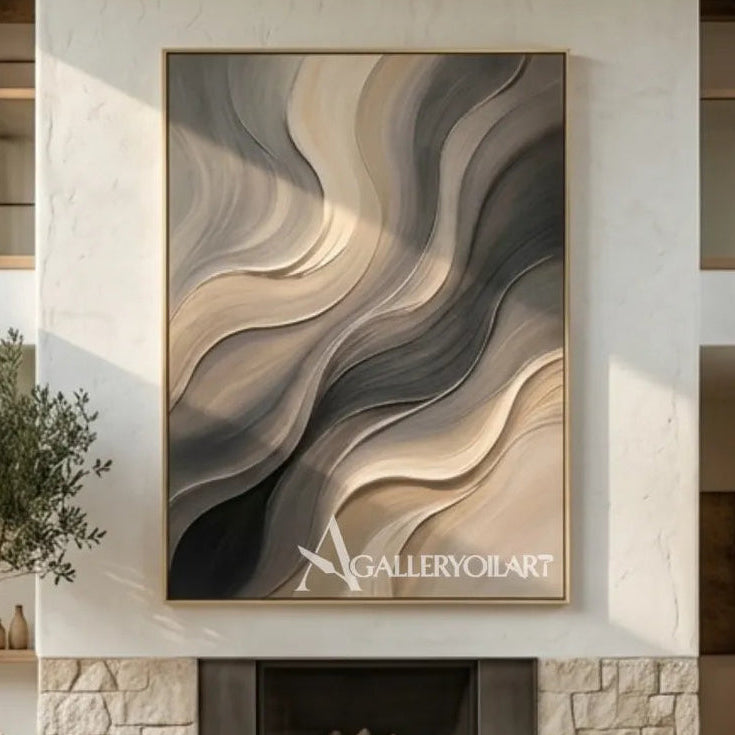 Textured 3D flowing raised wave ribbons in gray wall art in a detail