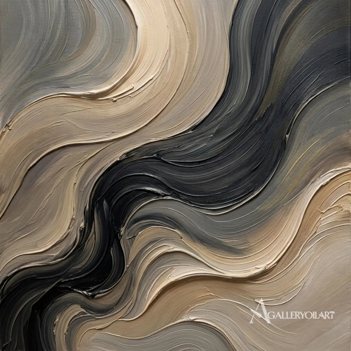 Textured 3D flowing raised wave ribbons in gray wall art in a gallery