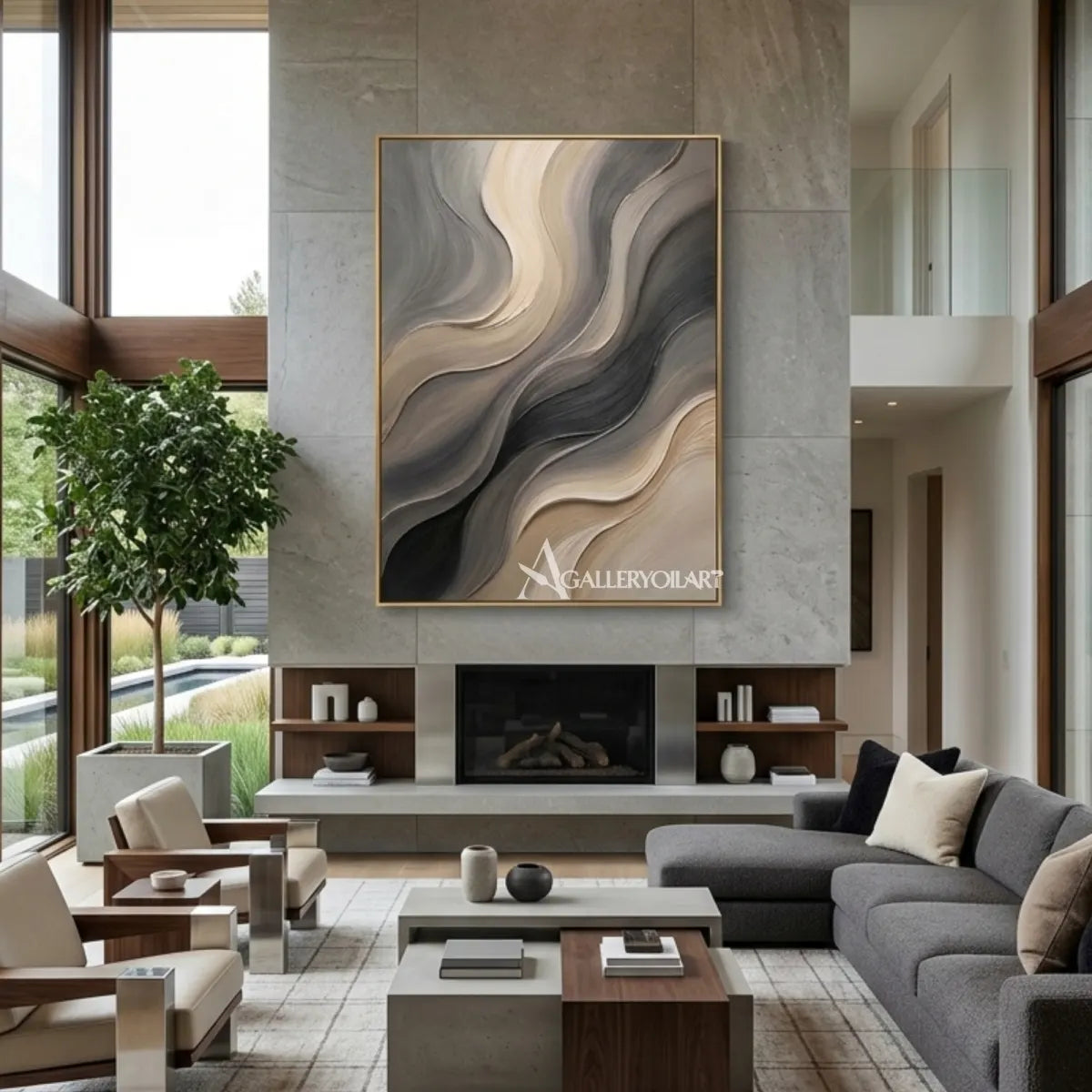 Textured 3D flowing raised wave ribbons in gray wall art in a living room