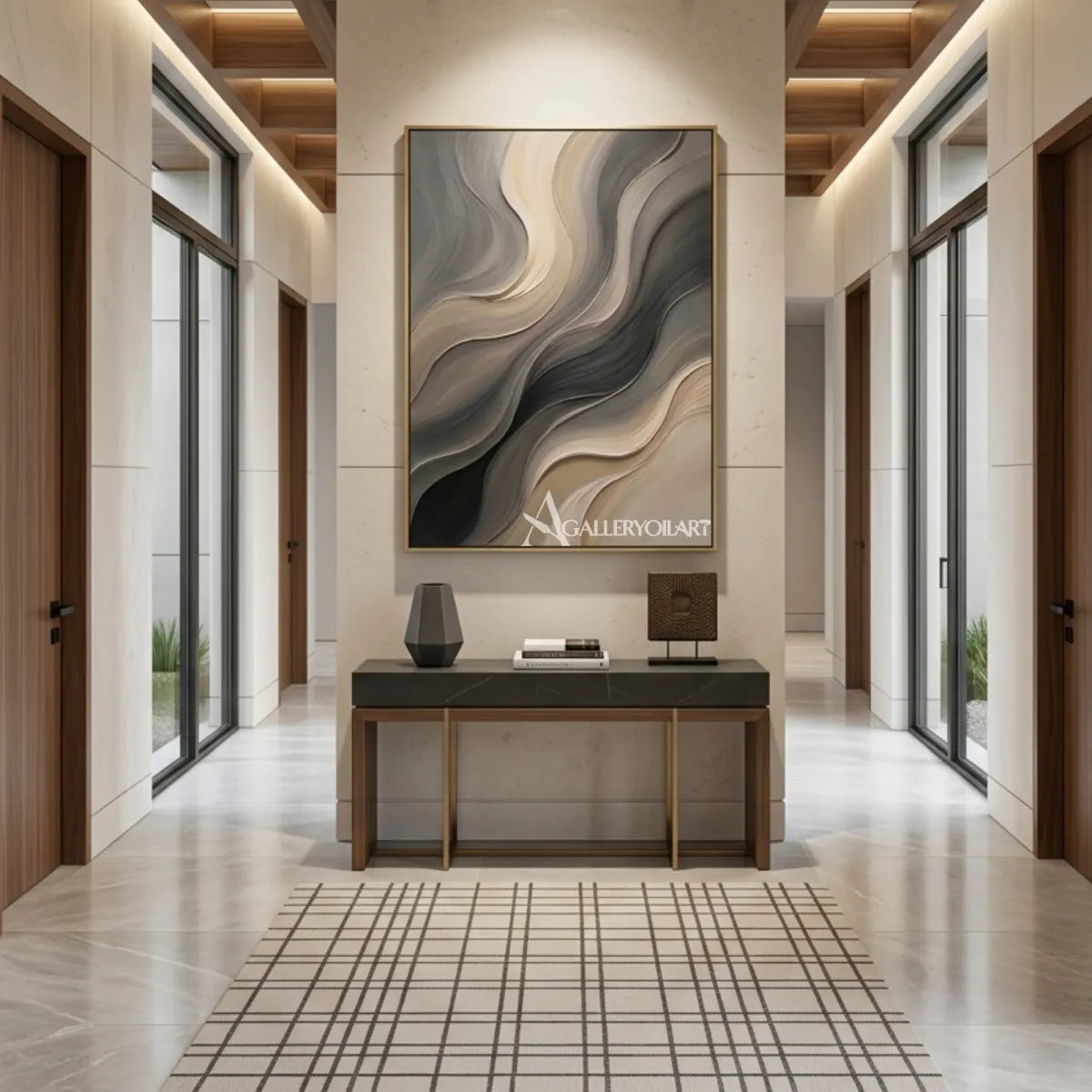 Textured 3D flowing raised wave ribbons in gray wall art in a lounge