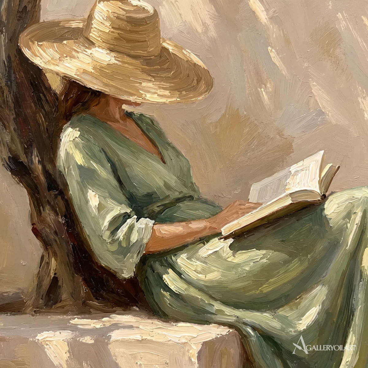 A detail of a broad straw hat and leafy branches above a reader in beige and sage Portrait Art