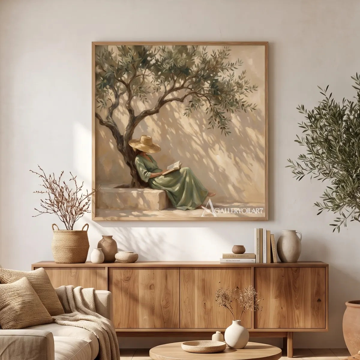 A seated reader beneath an olive tree in square Portrait Art in a warm living room, with beige and sage tones