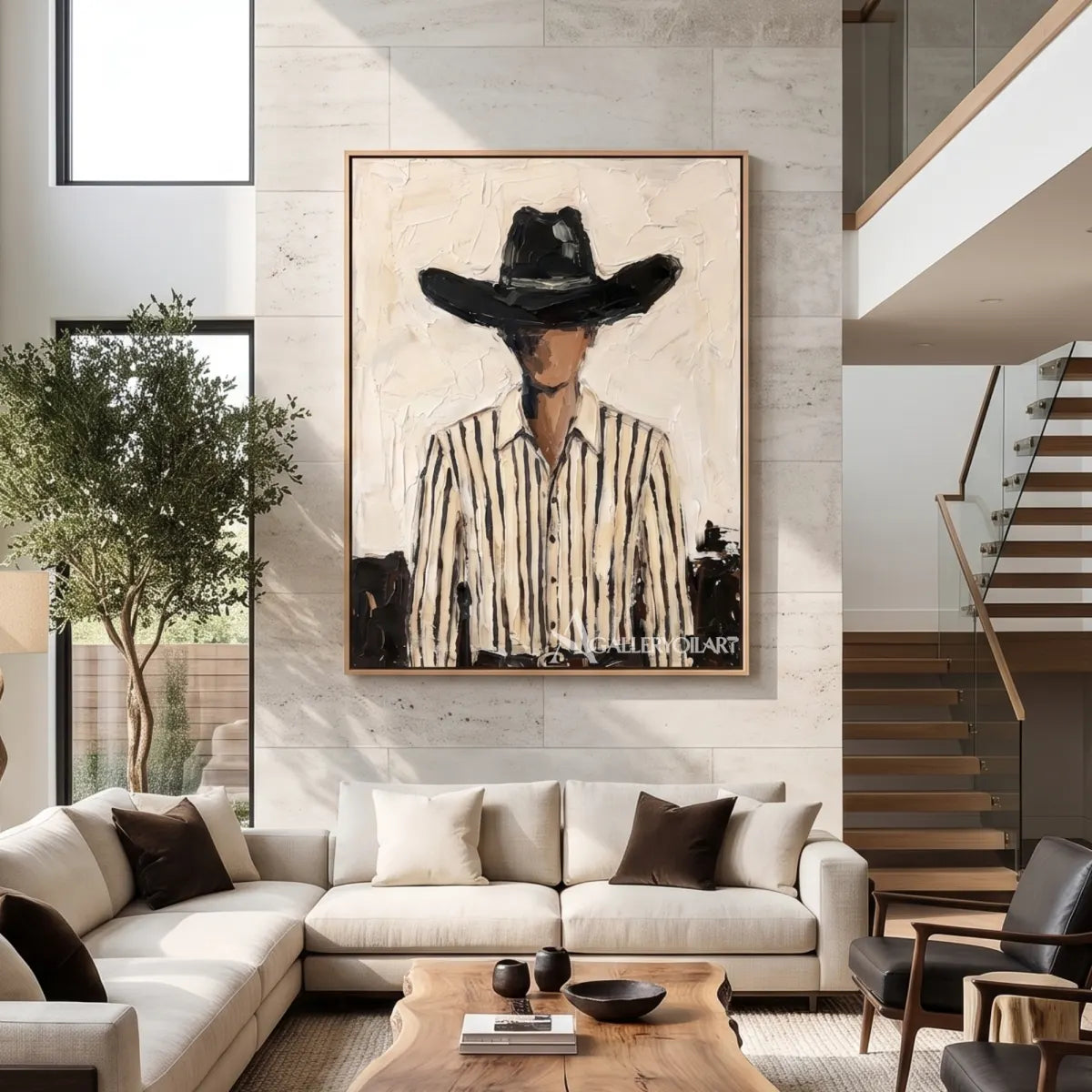 a shadowed cowboy in a black hat and striped shirt-in-western-cowboy-white-great-room