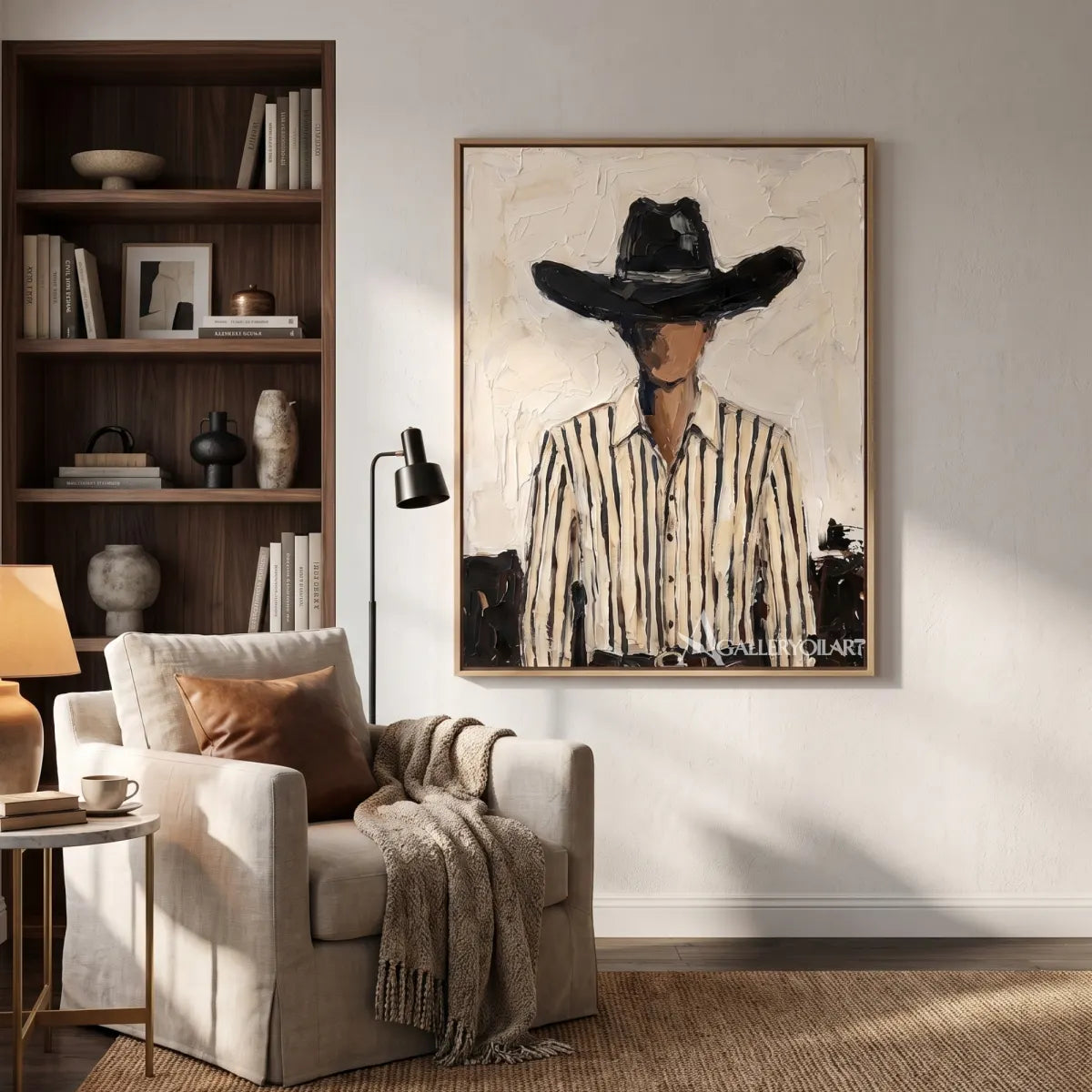 a shadowed cowboy in a black hat and striped shirt-in-western-cowboy-white-library-lounge