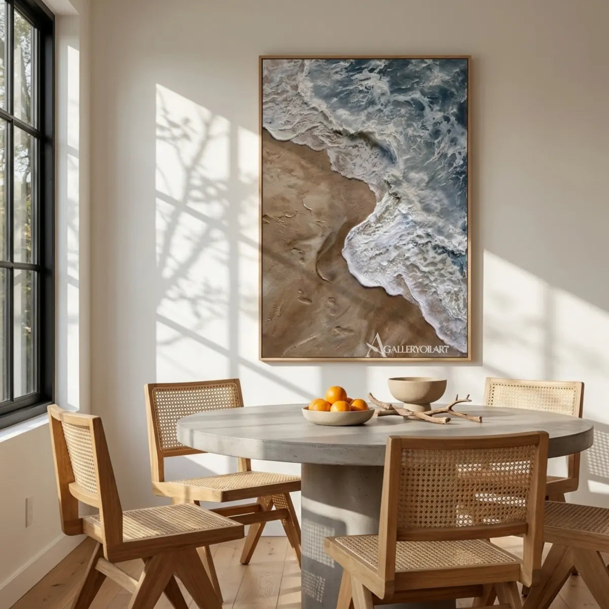 Sea-Beach-foaming-shoreline-and-sand-blue-wall-art-in-dining-room