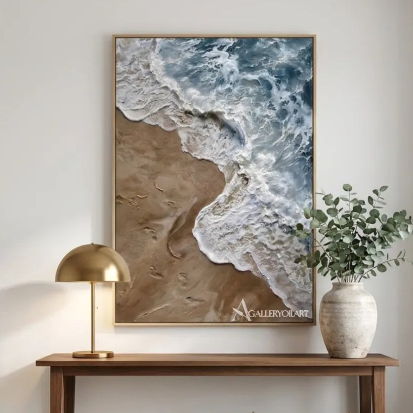Sea-Beach-foaming-shoreline-and-sand-blue-wall-art-in-entryway