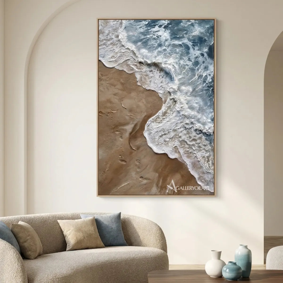Sea-Beach-foaming-shoreline-and-sand-blue-wall-art-in-gallery-interior