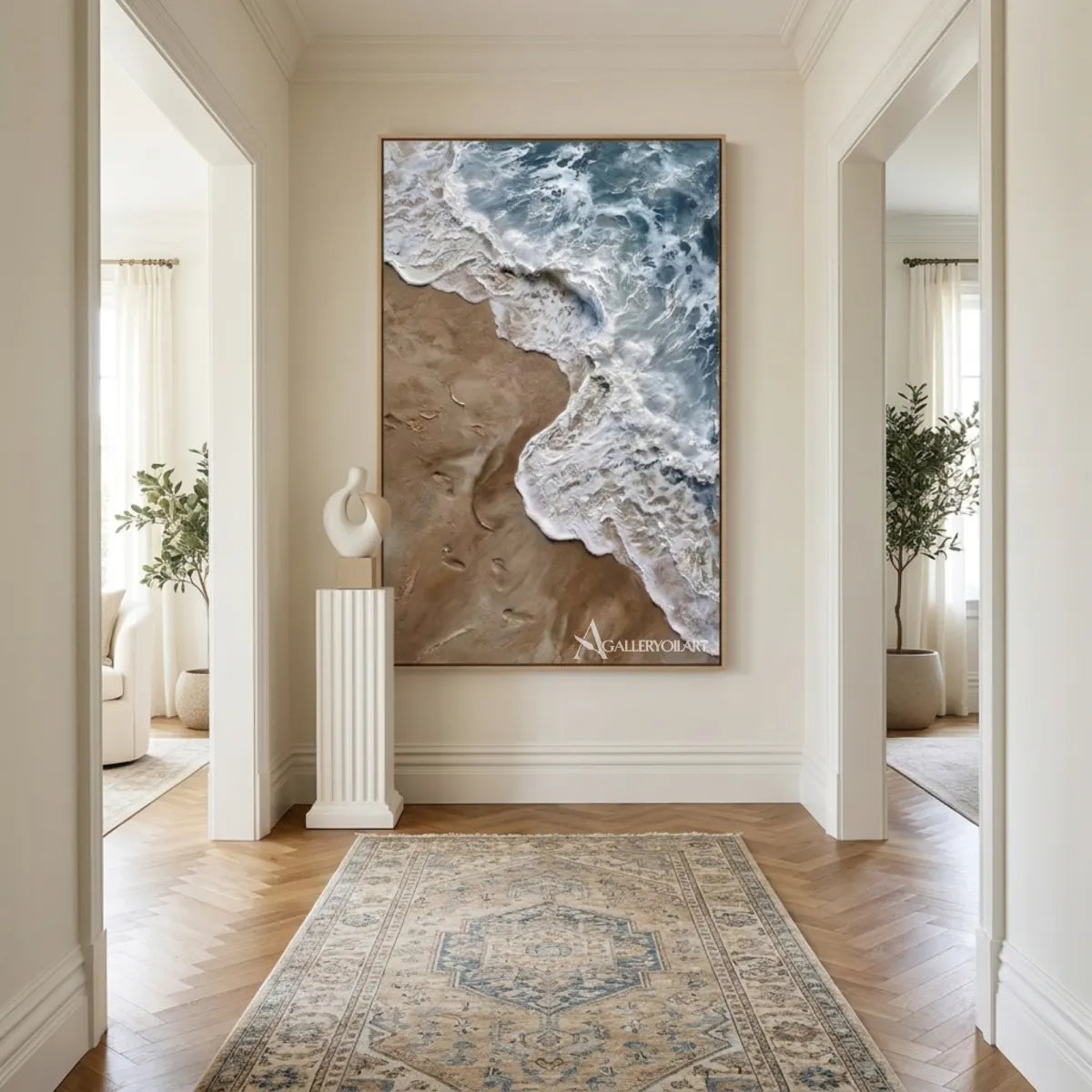 Sea-Beach-foaming-shoreline-and-sand-blue-wall-art-in-hallway