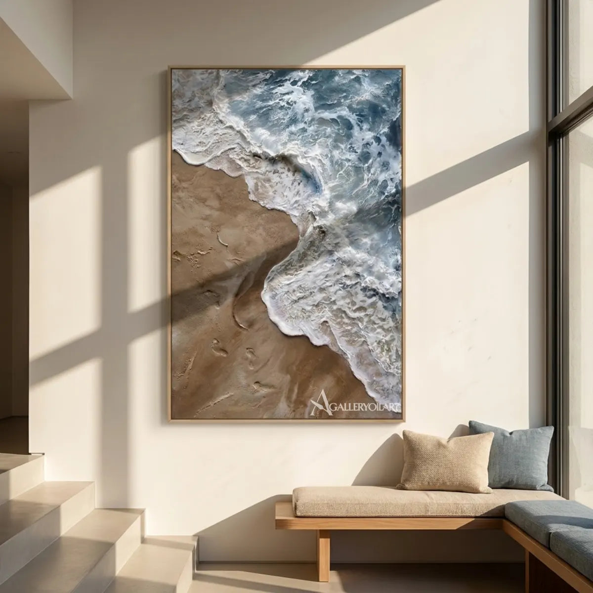 Sea-Beach-foaming-shoreline-and-sand-blue-wall-art-in-interior-setting