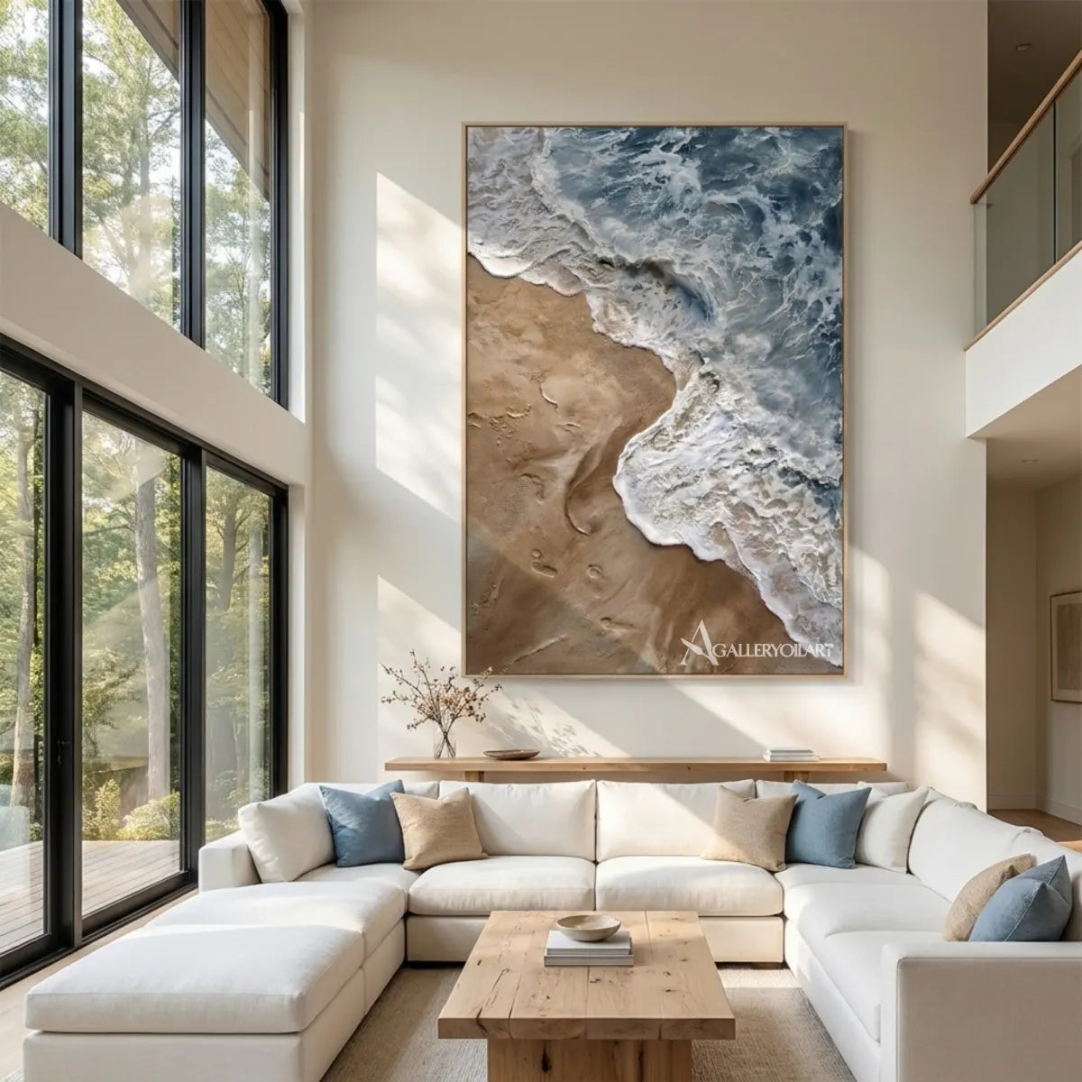Sea-Beach-foaming-shoreline-and-sand-blue-wall-art-in-living-room
