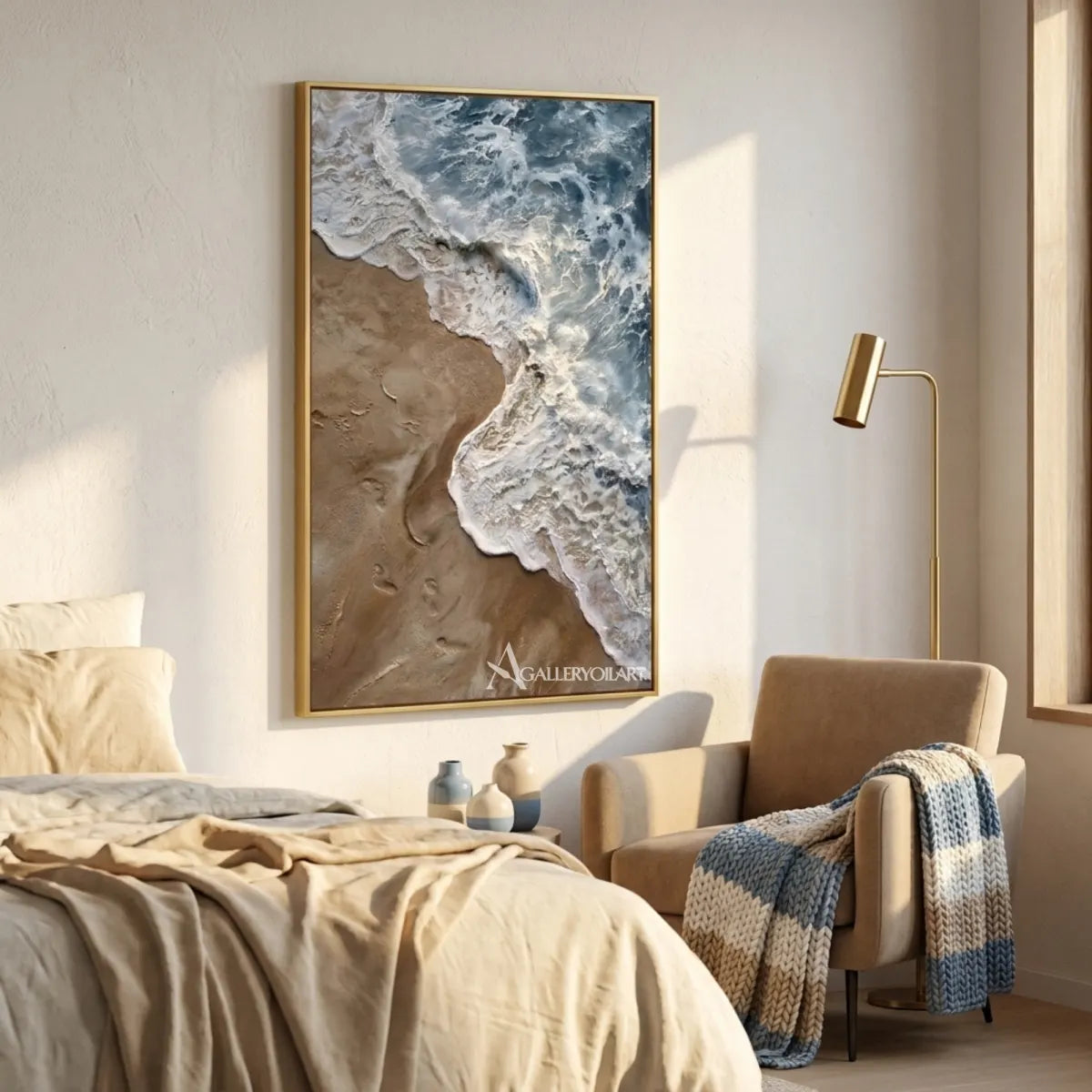 Sea-Beach-foaming-shoreline-and-sand-blue-wall-art-in-reading-corner