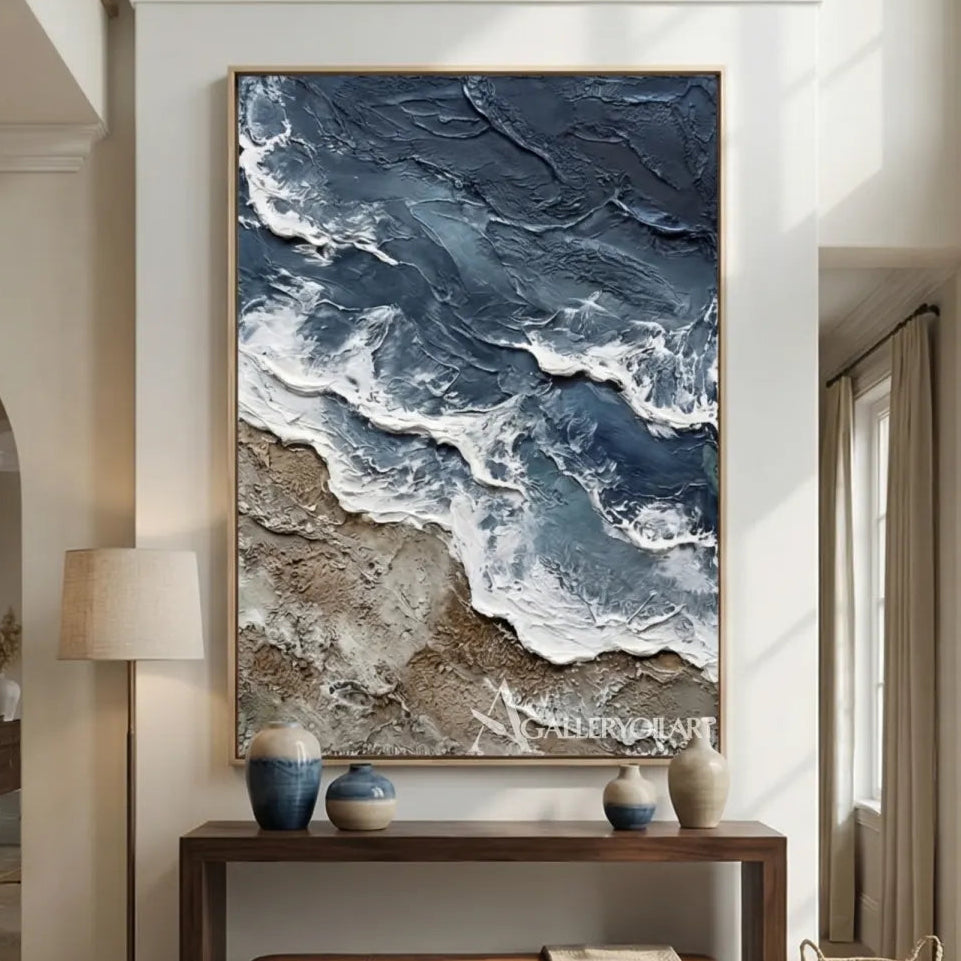 Dark-blue-shoreline-surge-sea-beach-art-in-a-bright-entryway
