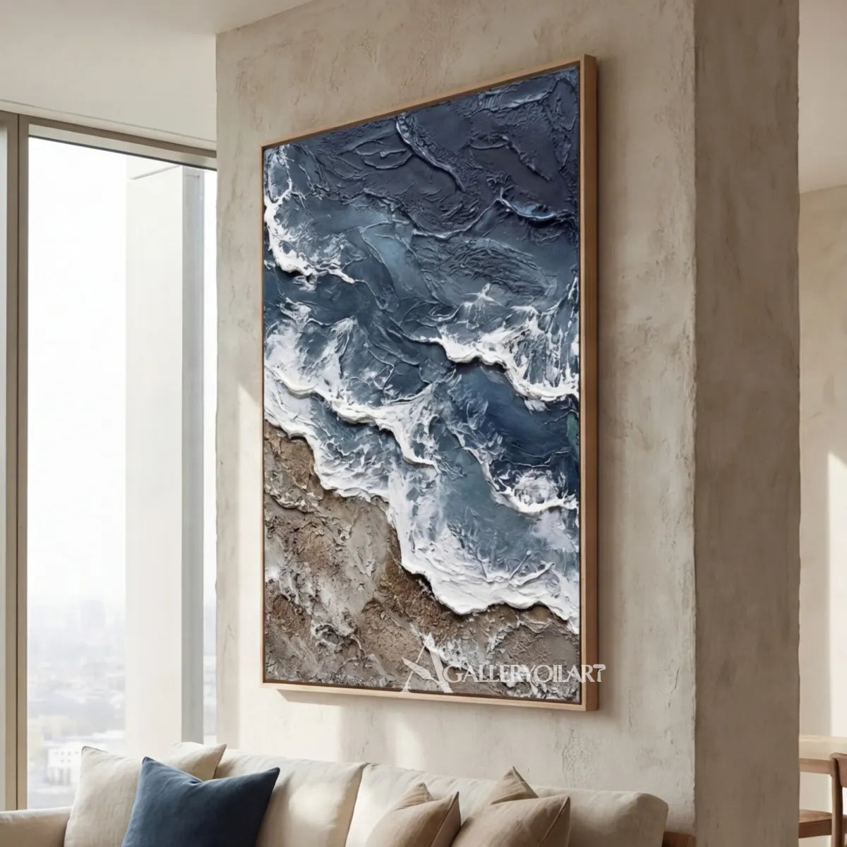 Dark-blue-shoreline-surge-sea-beach-art-on-a-contemporary-living-room-wall