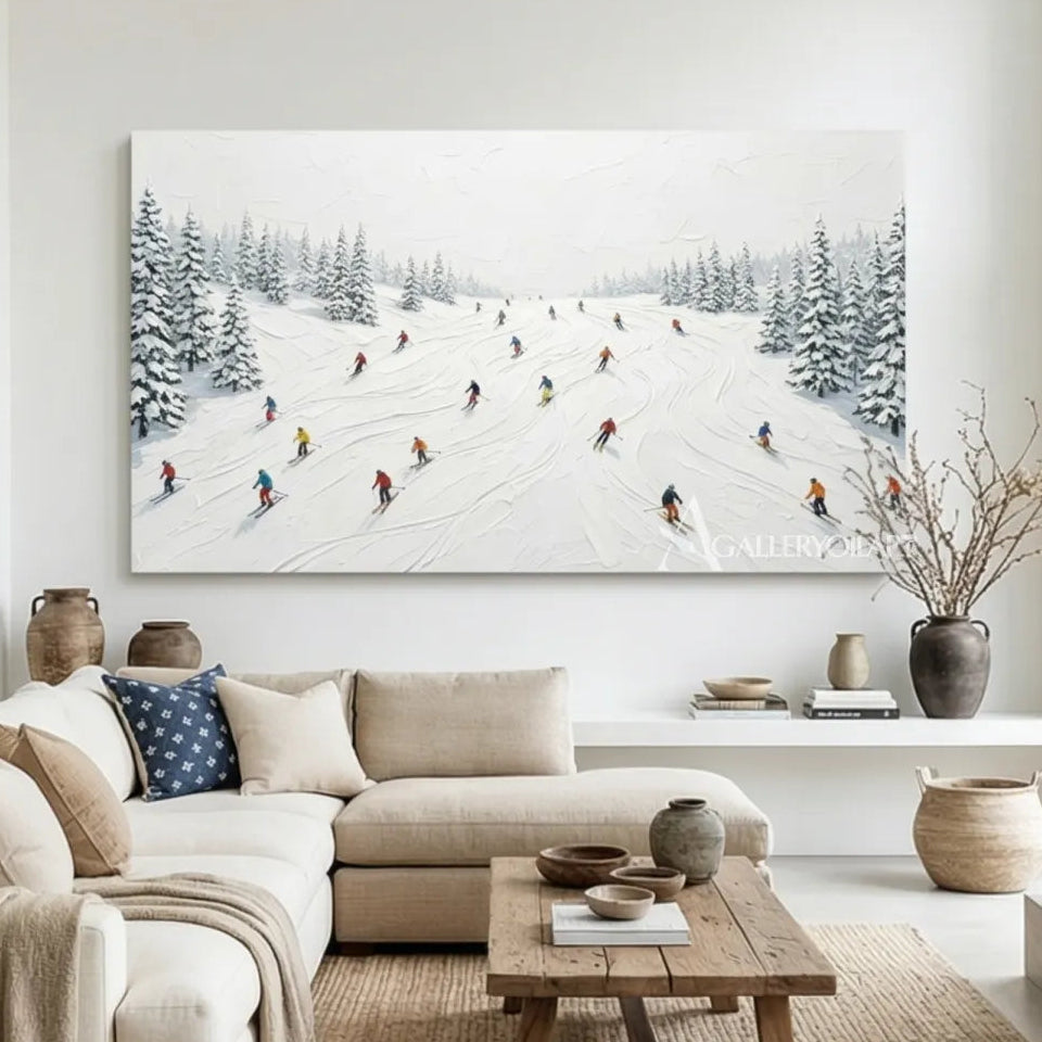 Snowy-ski-slope-landscape-white-and-gray-skiers-art-in-a-bedroom