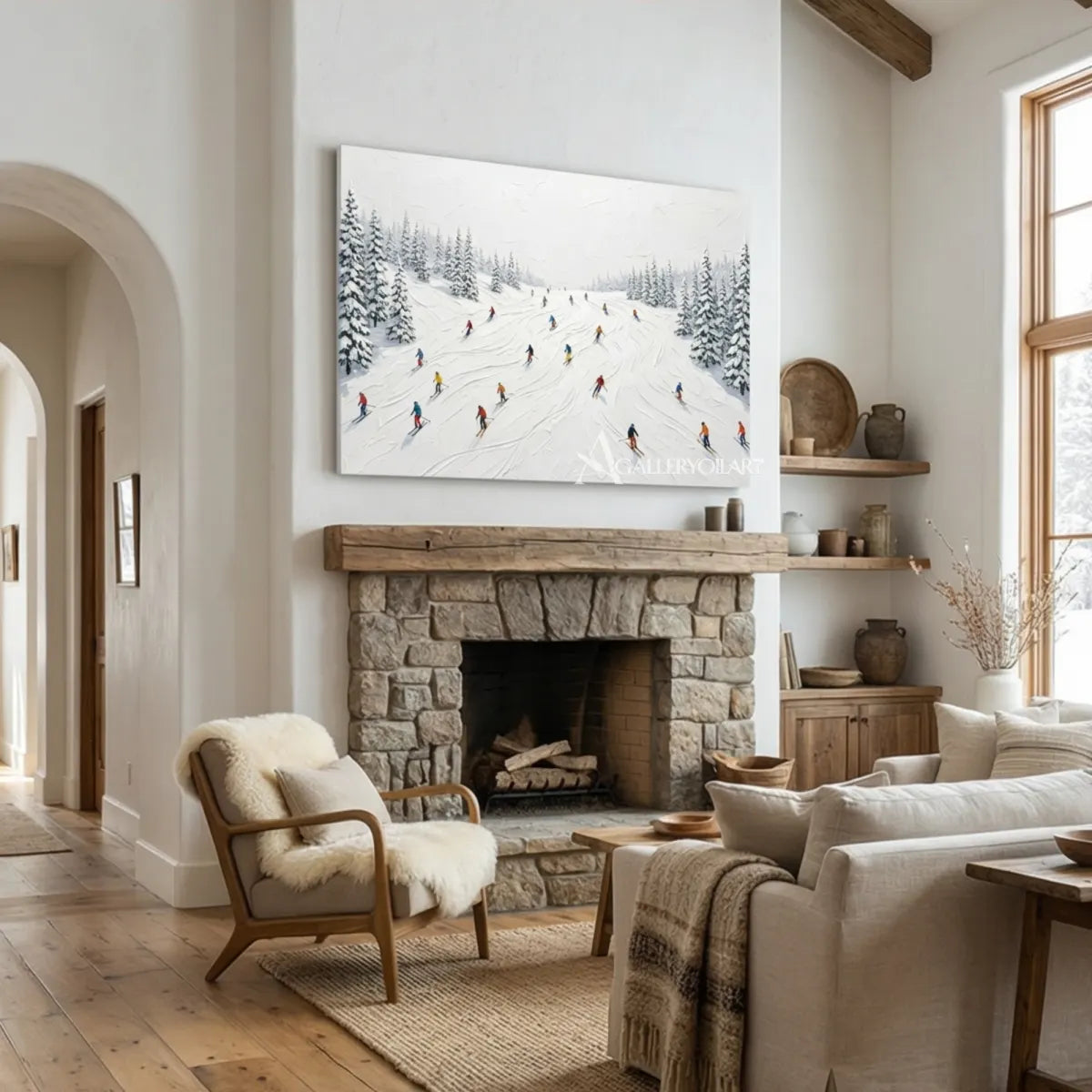 Snowy-ski-slope-landscape-white-and-gray-skiers-art-above-a-stone-fireplace
