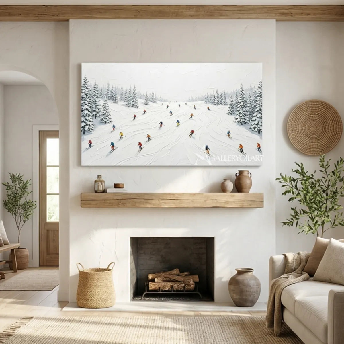 Snowy-ski-slope-landscape-white-and-gray-skiers-art-in-a-neutral-lounge