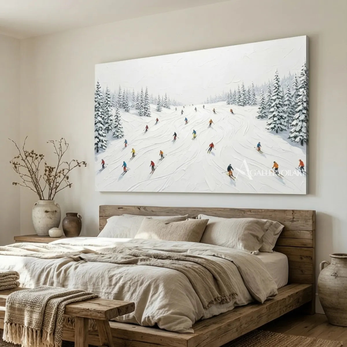Panoramic-snowy-ski-slope-landscape-white-and-gray-art-with-colorful-skiers