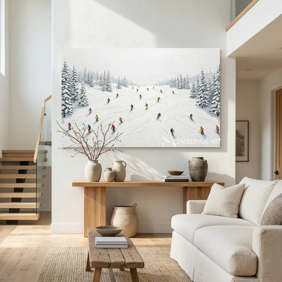 Snowy-ski-slope-landscape-white-and-gray-skiers-art-in-a-sitting-room