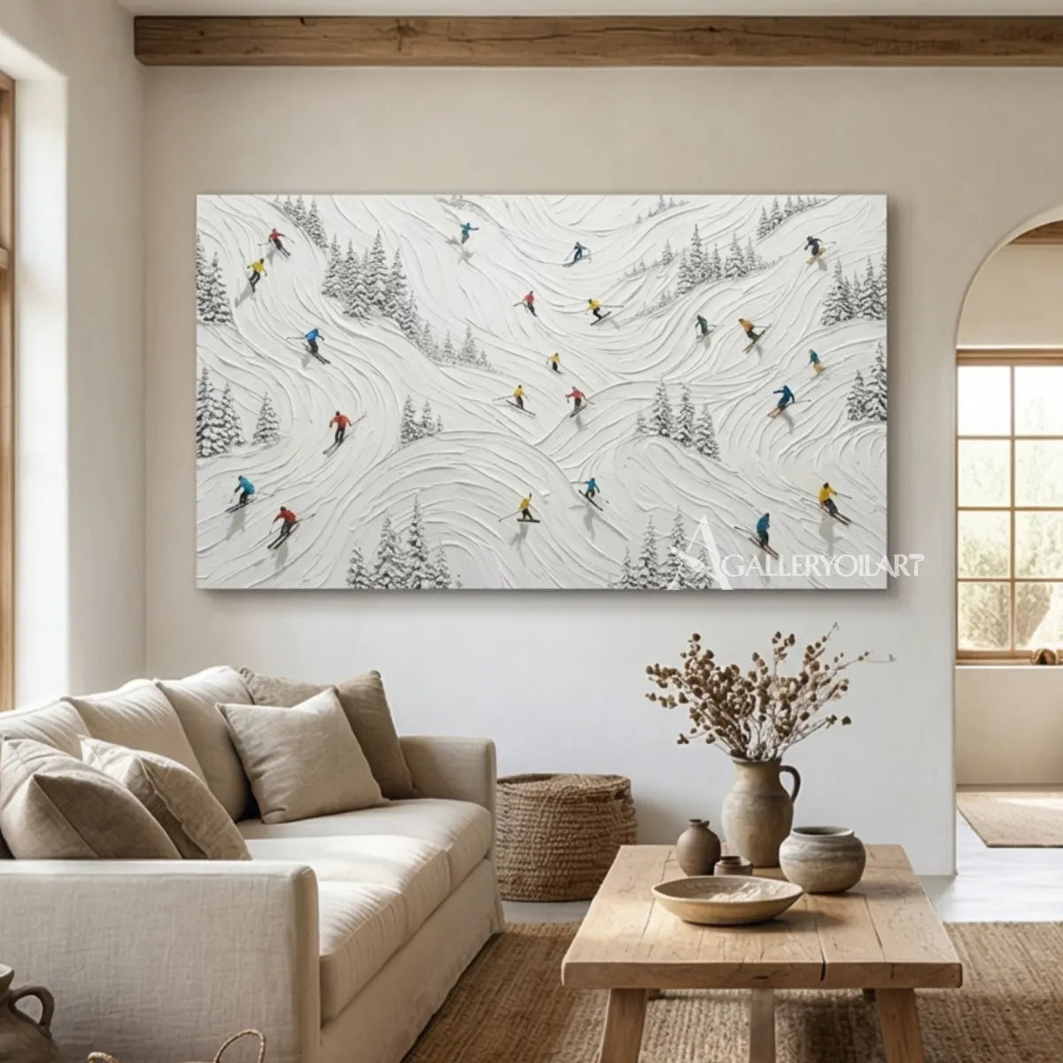 Textured-3D-skiers-and-snow-covered-pines-displayed-in-a-contemporary-lounge