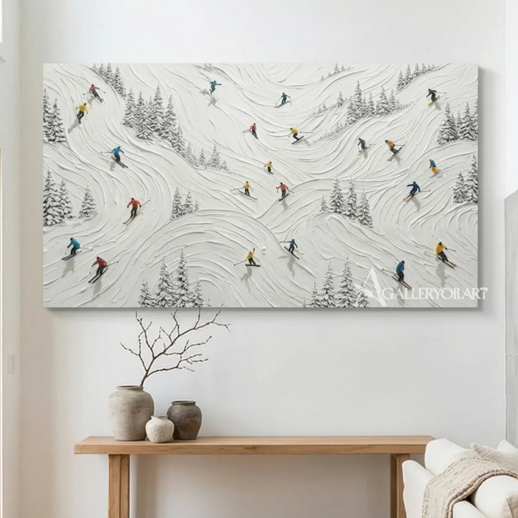 Textured-3D-art-of-skiers-descending-a-snow-covered-mountain-displayed-in-an-entryway
