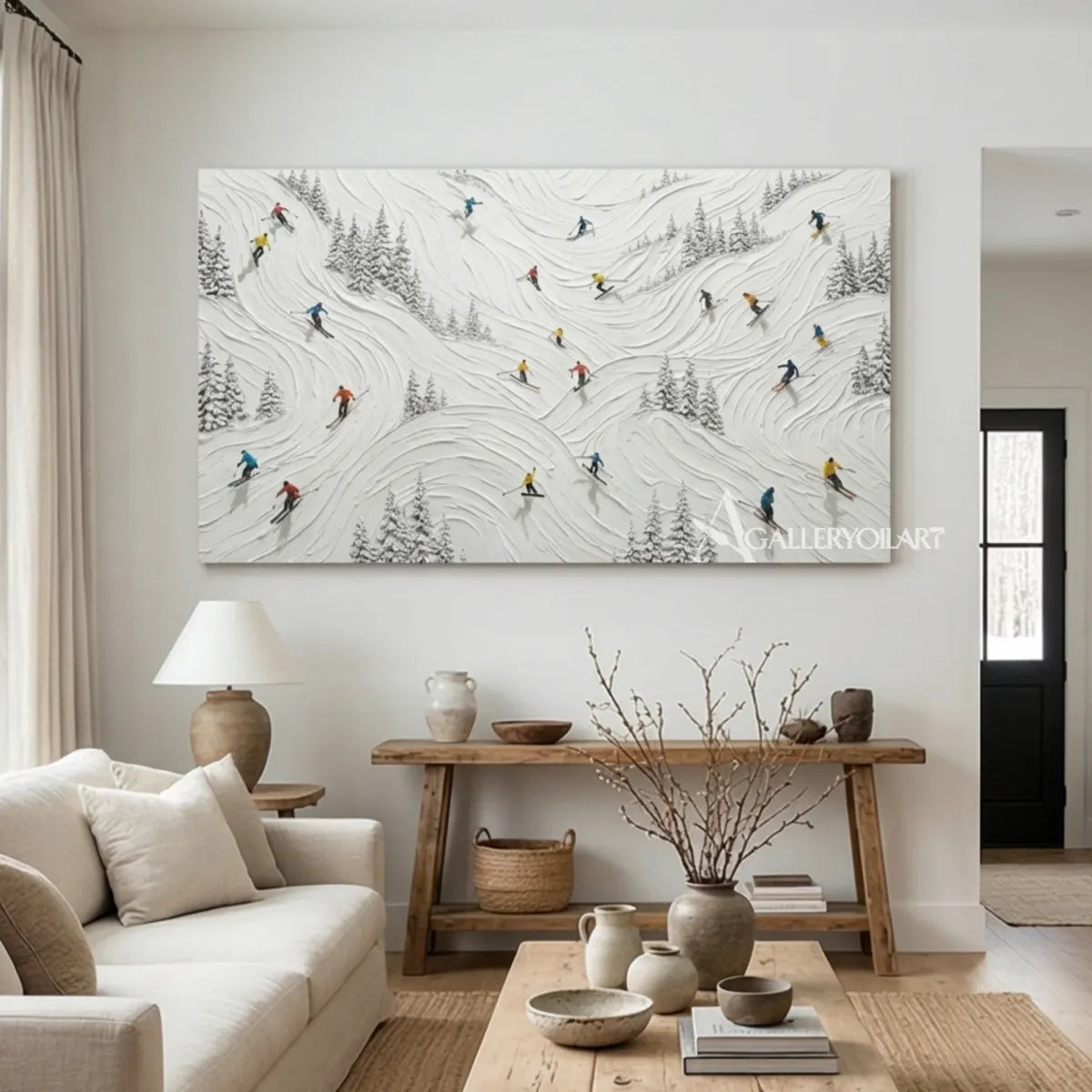 Textured-3D-skiers-on-a-white-mountain-slope-displayed-in-a-minimalist-room
