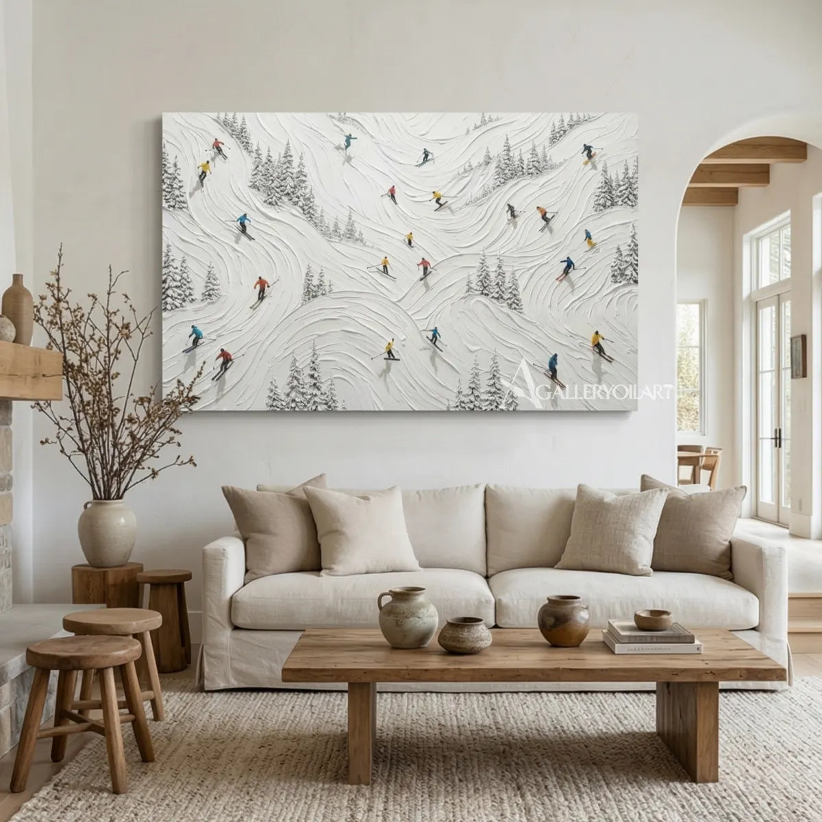 Textured-3D-skiers-and-pine-trees-on-a-snowy-slope-in-an-open-living-room