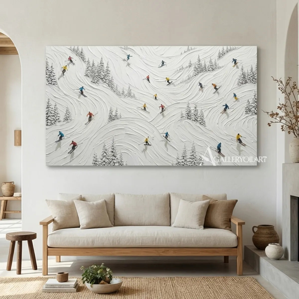 Textured-3D-skiers-following-curved-snow-trails-in-a-calm-sitting-room