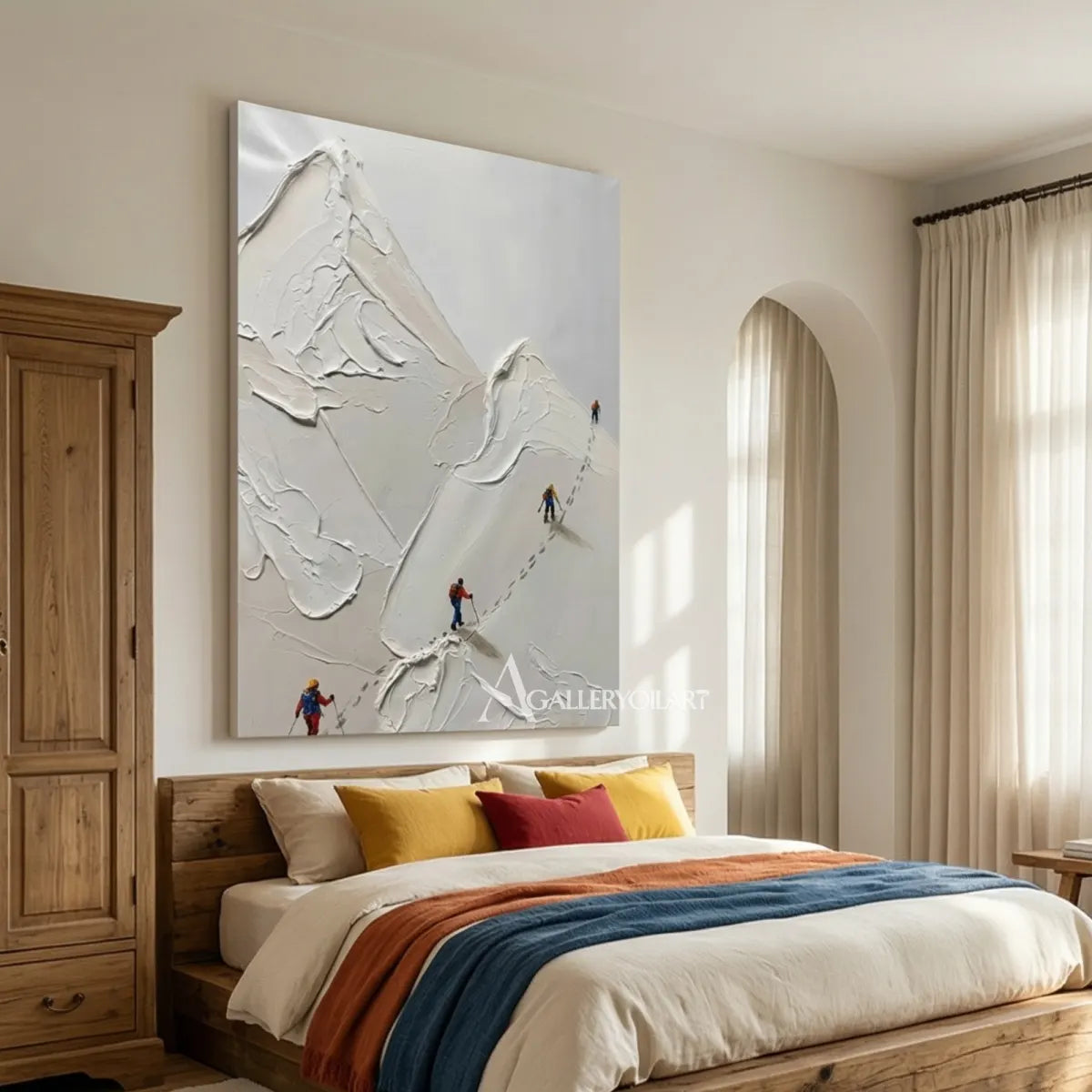 Textured-3D-skiers-crossing-a-white-mountain-displayed-above-a-bedroom-bed