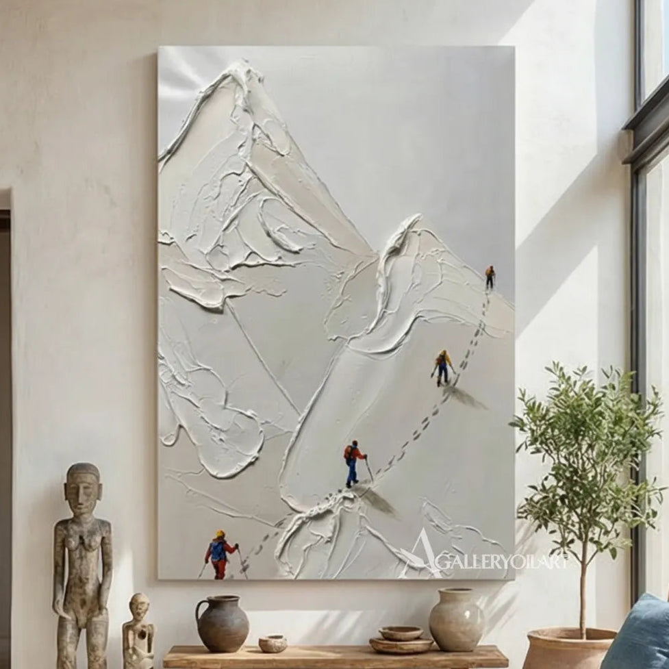 Textured-3D-white-mountain-art-with-tiny-skiers-in-a-bright-lounge