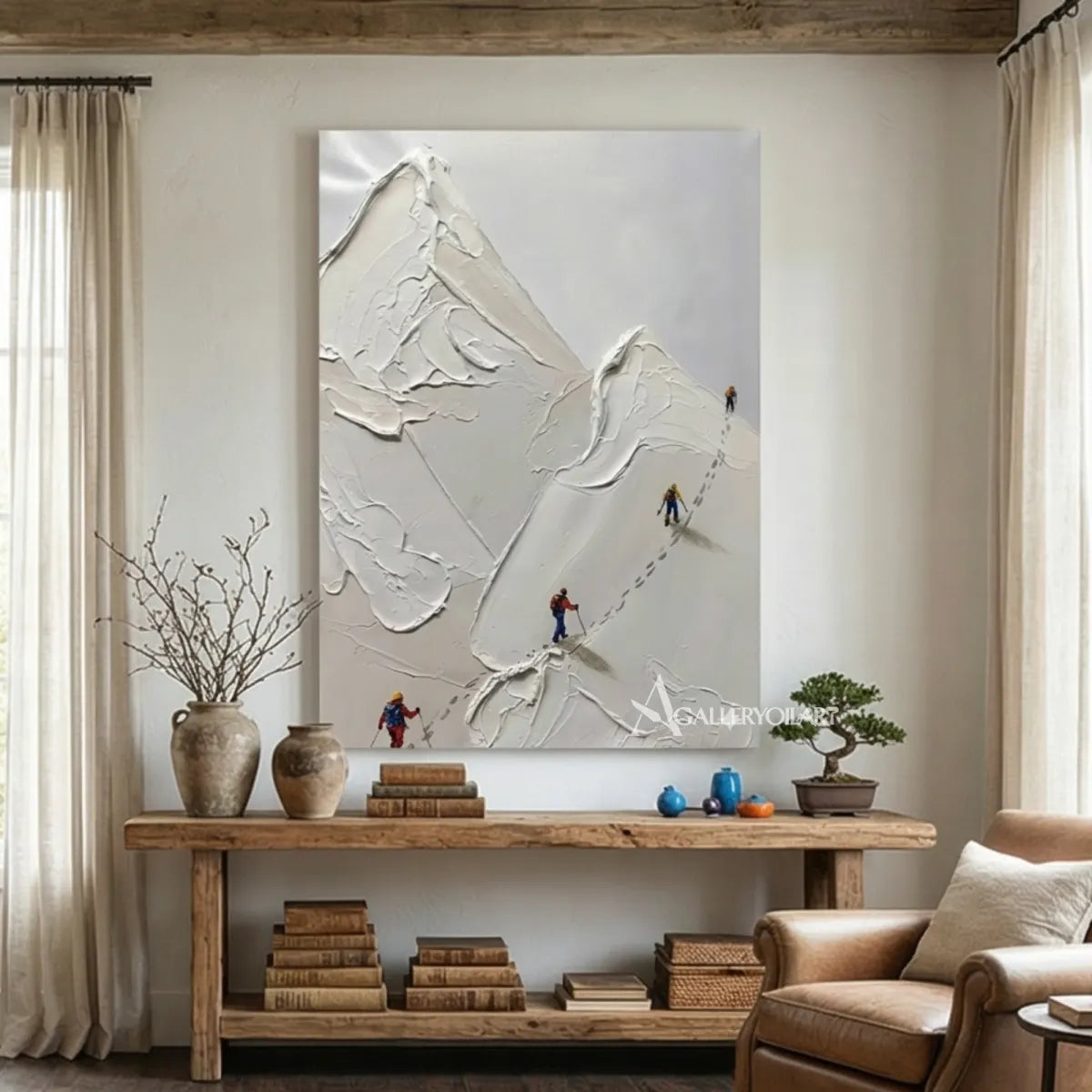 Textured-3D-skiers-on-a-white-mountain-above-a-console-table