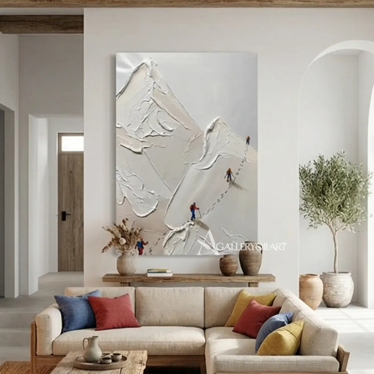 Textured-3D-skiers-on-a-white-mountain-in-a-modern-entryway