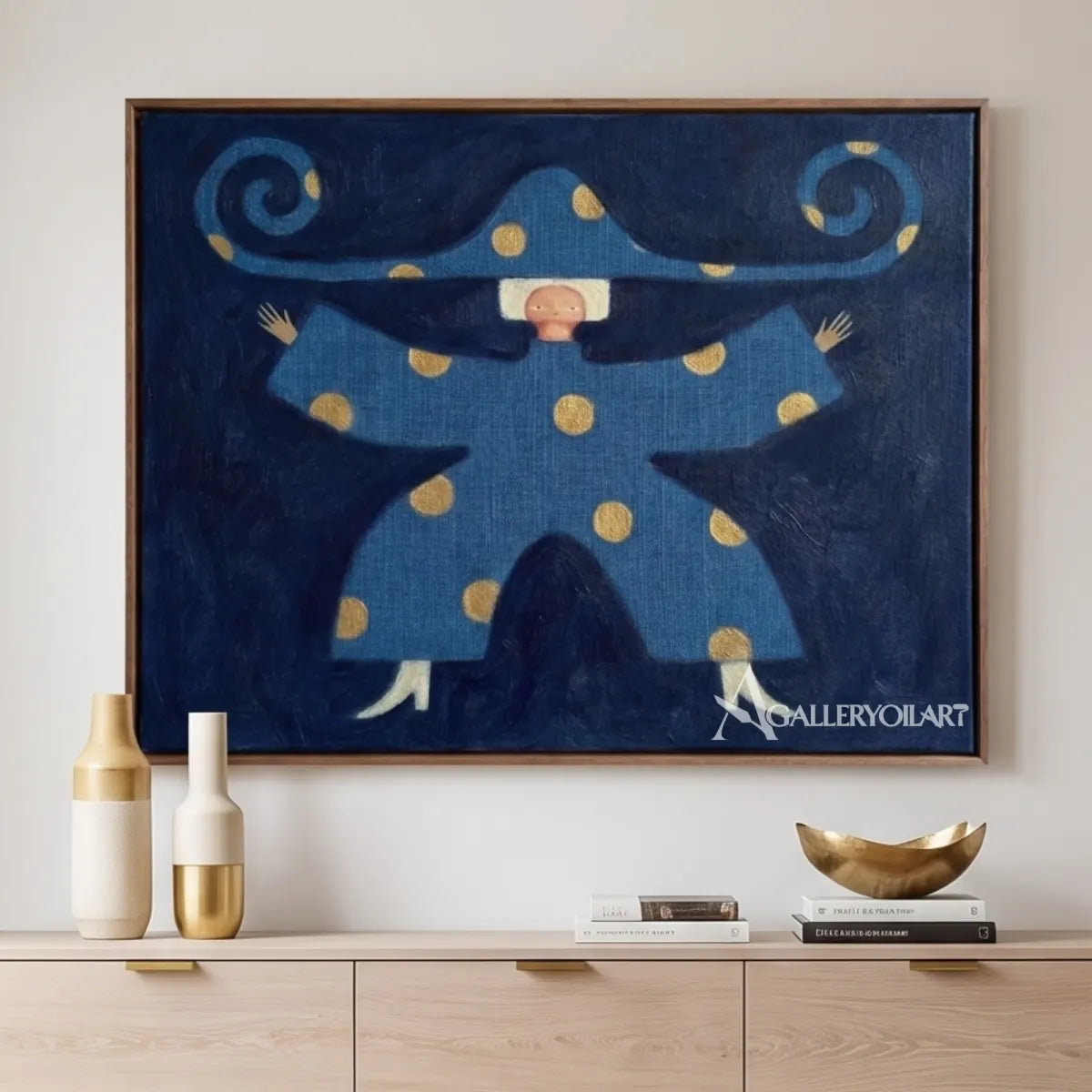 close-view-of-a-large-curled-hat-and-dotted-robe-in-folk-art-style-with-blue-and-gold-accents