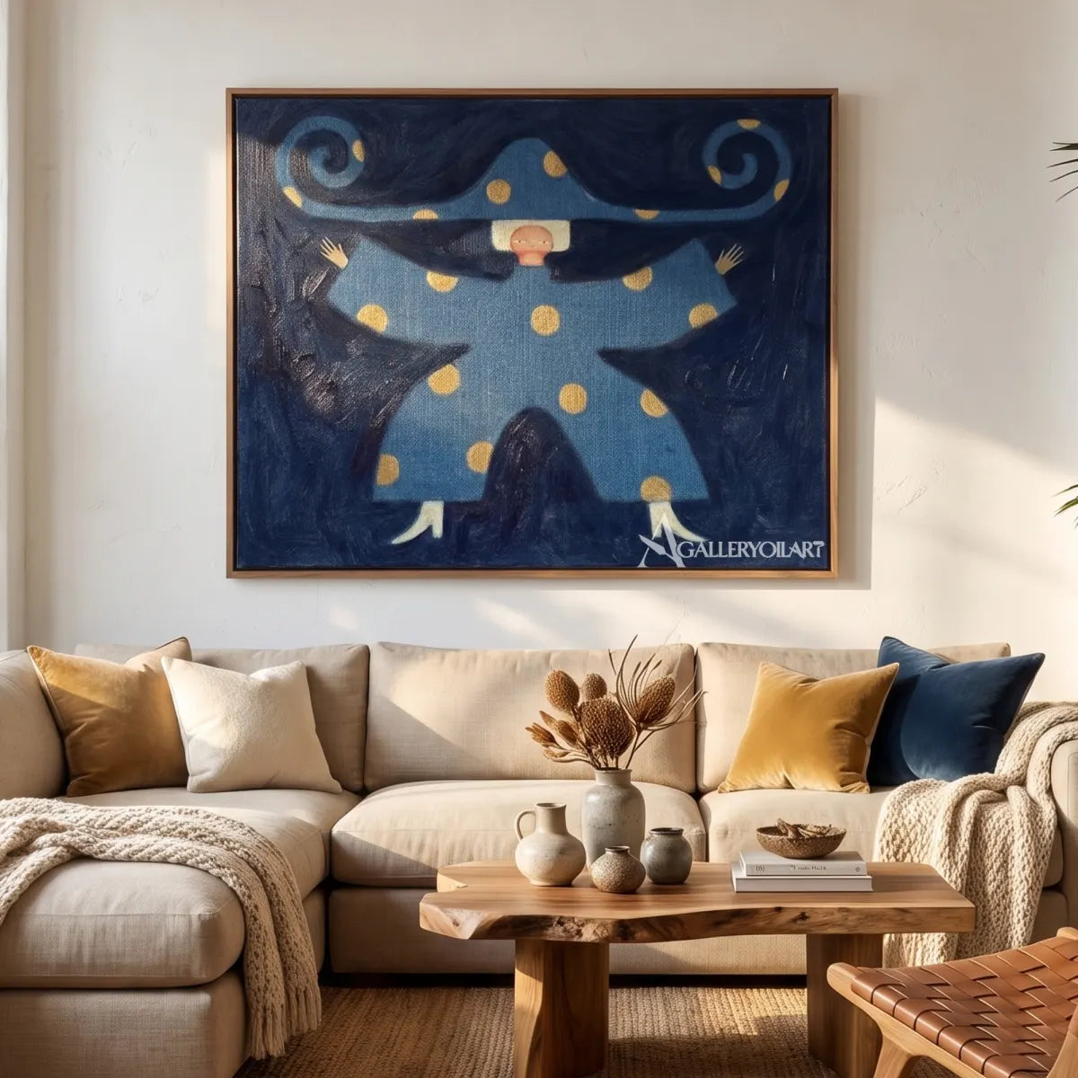 folk-art-figure-above-a-sofa-in-a-living-room-with-blue-and-gold-accents