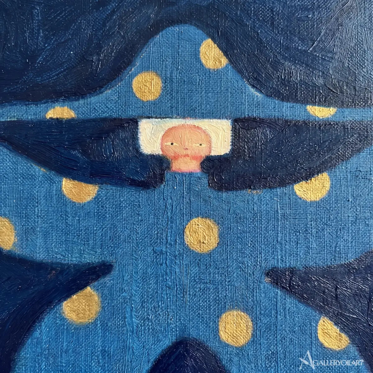 close-up-of-a-figure-under-a-curled-dotted-hat-in-folk-art-style-with-blue-and-gold-accents