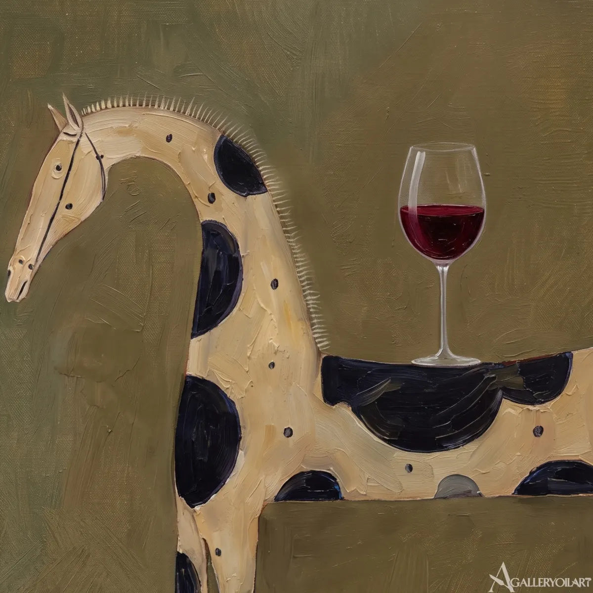 spotted horse with wine toast-animal-art-green-wall-art-in-close-up-detail