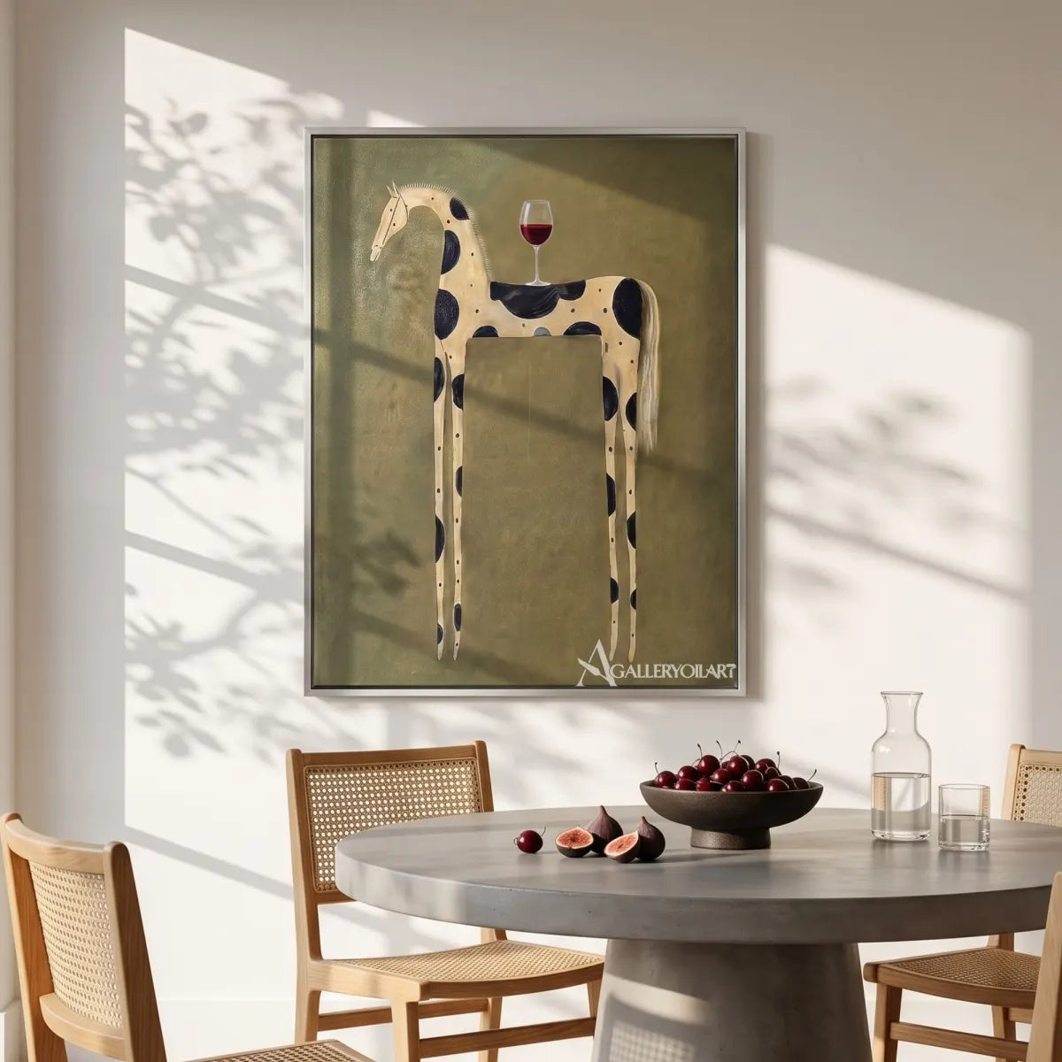 spotted horse with wine toast-animal-art-green-wall-art-in-dining-room