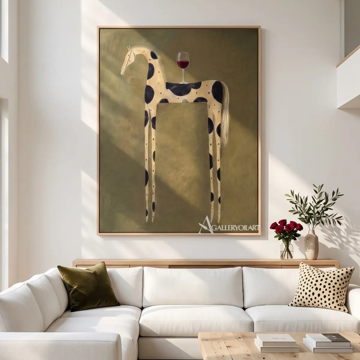 spotted horse with wine toast-animal-art-green-wall-art-in-living-room