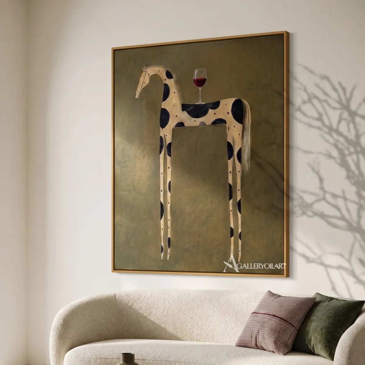 spotted horse with wine toast-animal-art-green-wall-art-in-minimalist-living-room
