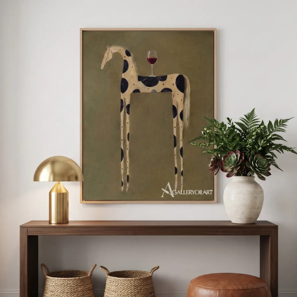 spotted horse with wine toast-animal-art-green-wall-art-in-modern-entryway
