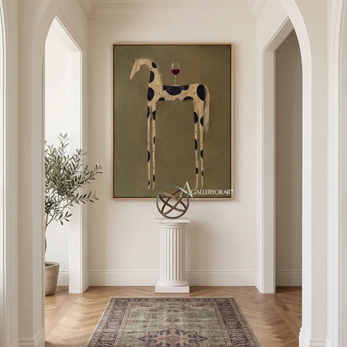 spotted horse with wine toast-animal-art-green-wall-art-in-modern-hallway