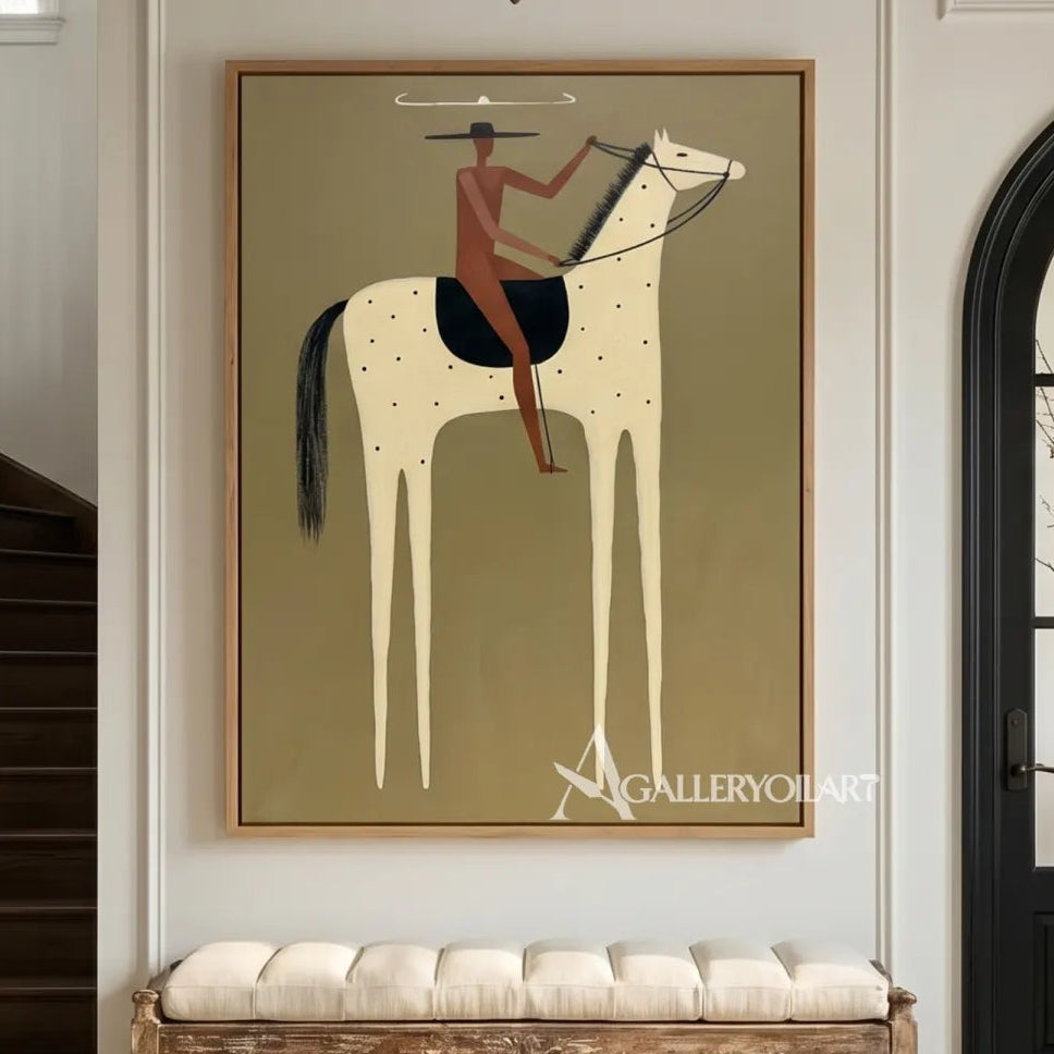 Western-cowboy-art-of-a-rust-clad-rider-on-a-spotted-cream-horse-against-an-olive-green-ground-in-an-entryway