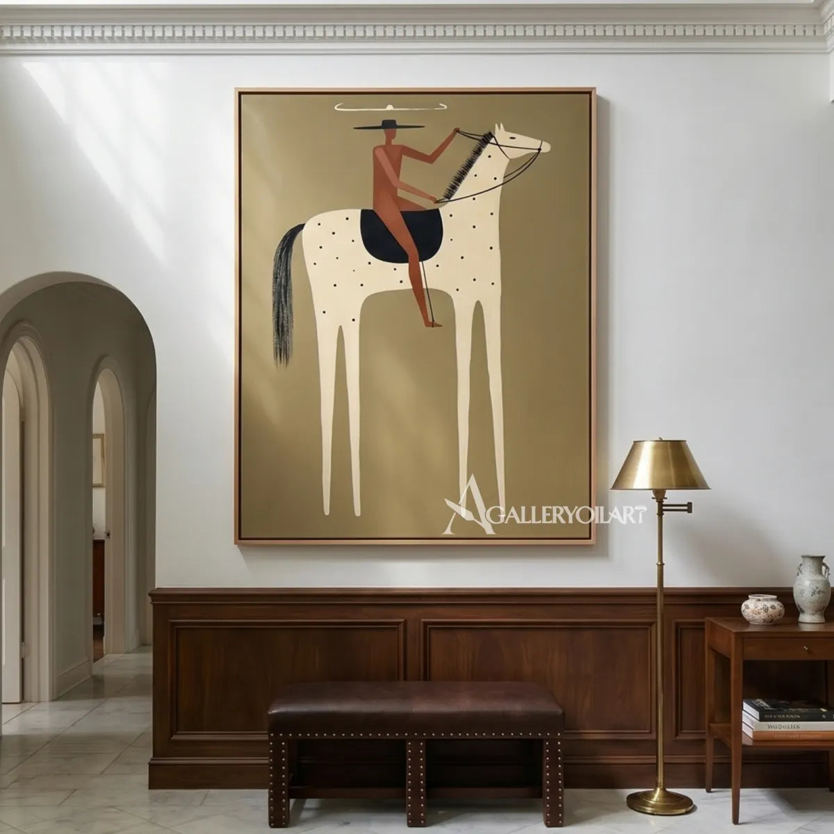 Western-cowboy-art-of-a-rust-clad-rider-on-a-spotted-cream-horse-against-an-olive-green-ground-in-a-hallway