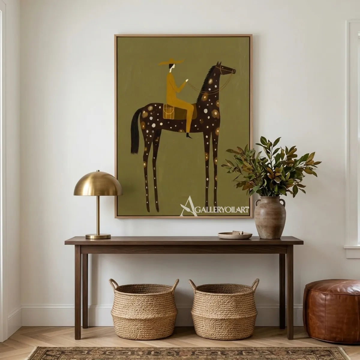 spotted-horsewoman-western-cowboy-green-wall-art-in-a-contemporary-home