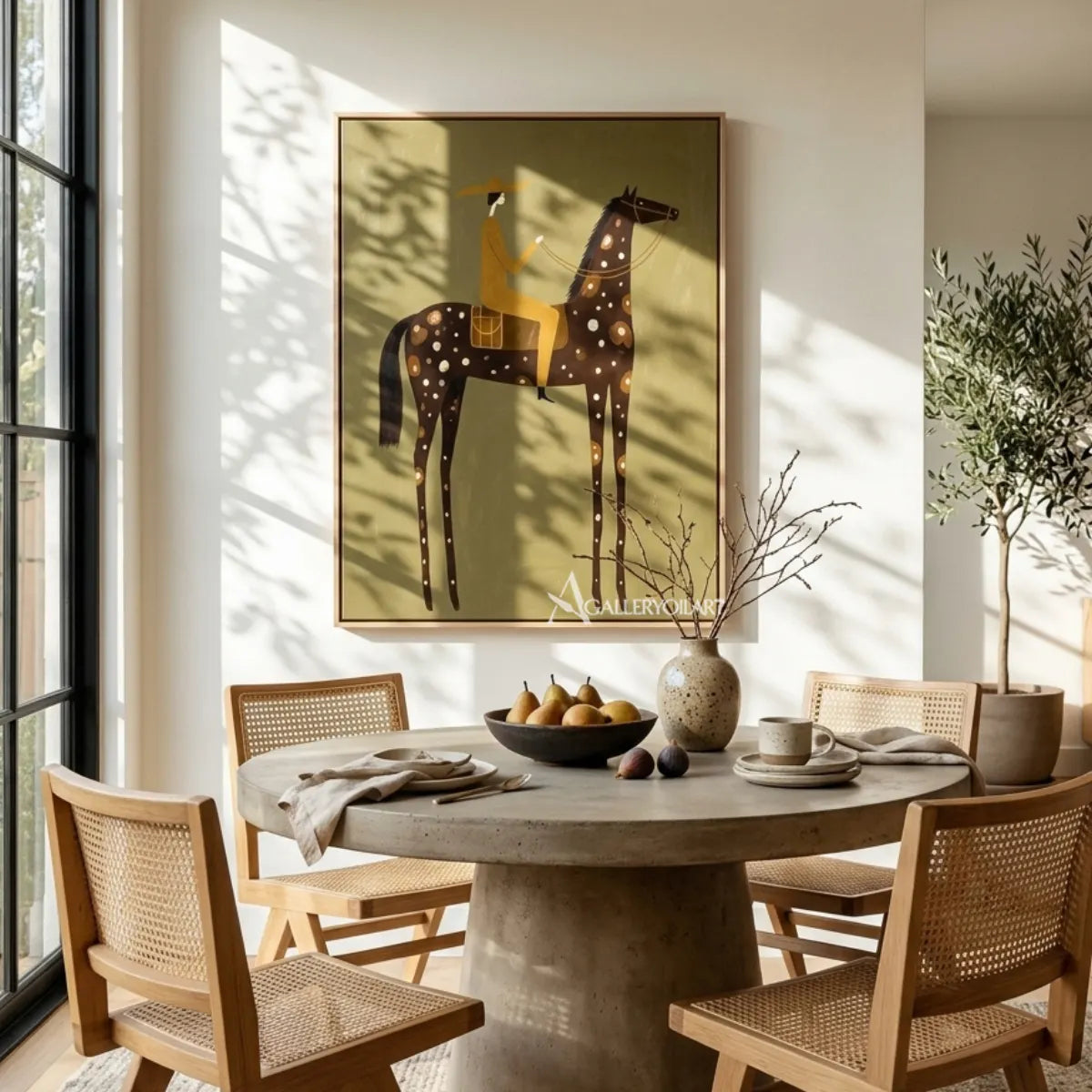 spotted-horsewoman-western-cowboy-green-wall-art-in-a-hallway